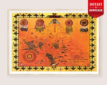 Crazy Horse Territory Indios americanos mapa descargar, Lakota campamento imprimir Vintage Mapa Reserva de tribus indias Oglala Sioux Indian Black Hills