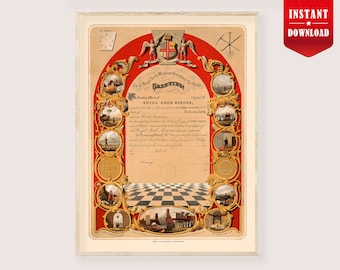 Diploma de iniciación de maestro masón, póster de arte masónico, historia masónica, arte de la masonería vintage, impresión masónica, decoración freimaurer, decoración masónica