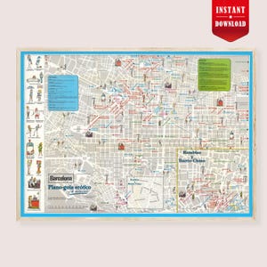Barcelona Map Tourist  Print, Retro Barcelona City Poster, Vintage Spain Travel Wall Decor Digital