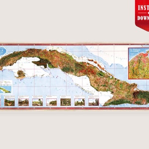 Op de afbeelding: Een gedetailleerde kaart van Cuba, met de geografie van het eiland in groene, bruine en rode tinten. De kaart bevat een kleinere inzetkaart van Havana en verschillende kleine afbeeldingen. De tekst "Instant Download" staat rechtsboven.