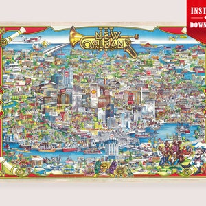May include: A framed, colorful illustration of New Orleans, featuring a detailed map with landmarks, buildings, and the text "NEW ORLEANS" above. The artwork has a vintage style with a decorative border and the words "INSTANT DOWNLOAD".