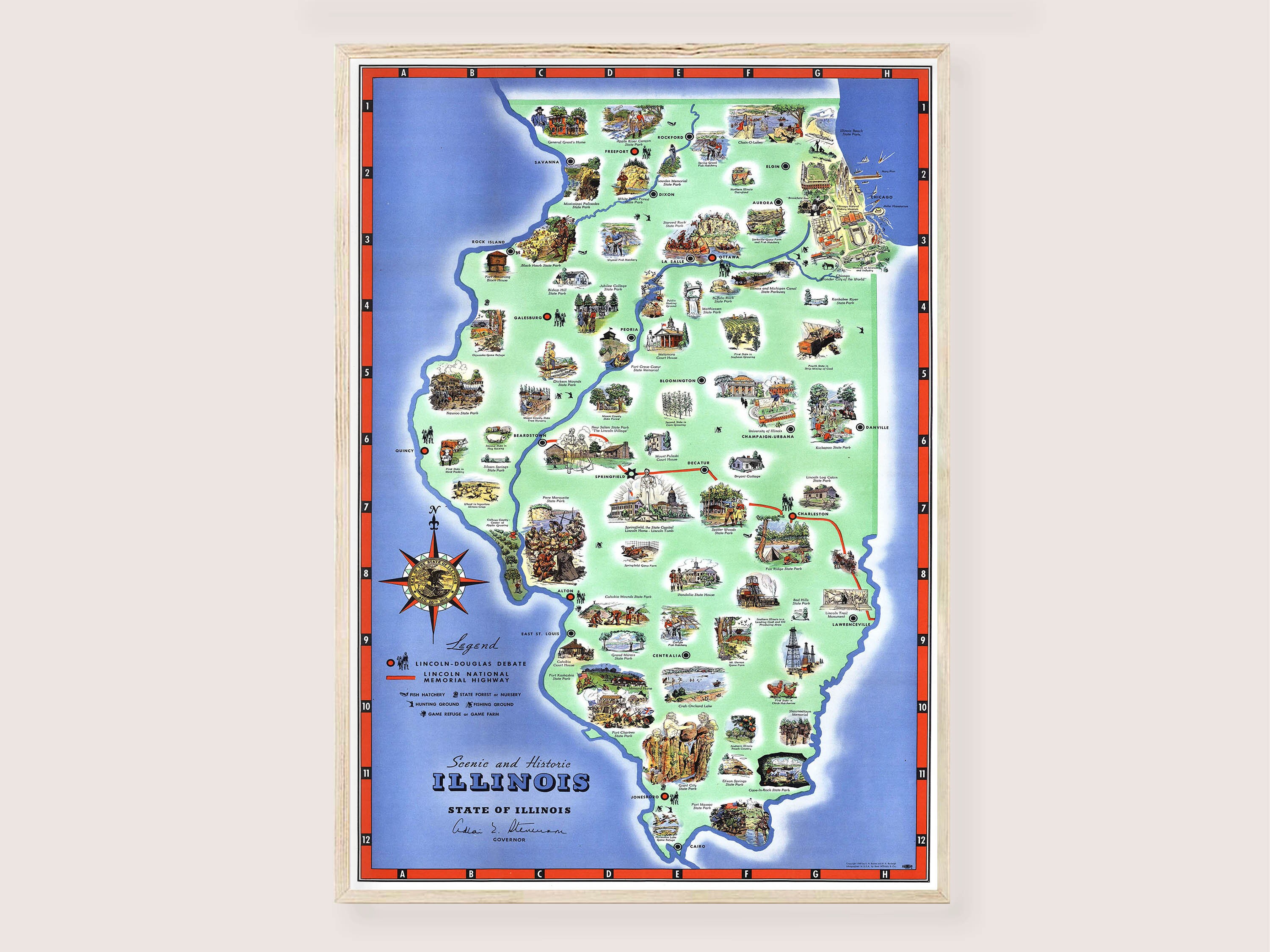 Illinois Map 1949 Print Vintage Illustrated State Map Mid Century ...