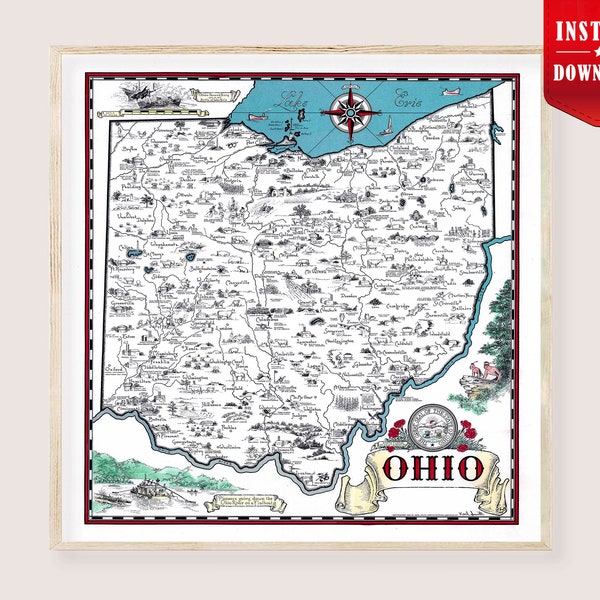 Ohio Map Poster Wall Art Digital - Pictorial Map of Ohio US print download Retro Map Ohio Cities Vintage Map Poster Ohio Wall Art