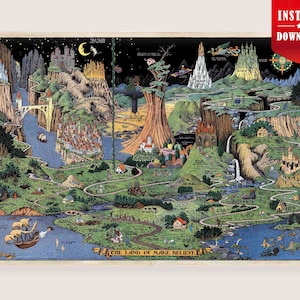 May include: A framed, vintage-style map titled "The Land of Make Believe." The map features a detailed, colorful illustration of a fantasy landscape with castles, mountains, rivers, and whimsical elements. The top right corner has a red banner that says "Instant Download."