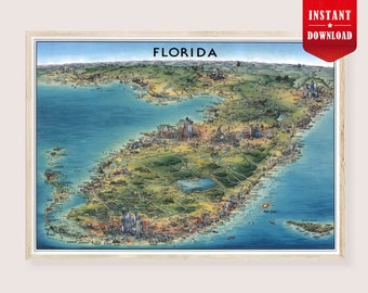 Florida Map Poster Download - alte Karte bildhafte Florida Stadt Druck Digital Vintage Florida Bay Kunst Poster Retro Karte Florida Wand Kunst Digital