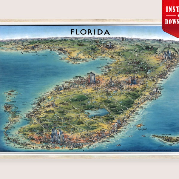 Florida Map Poster Download - Old Map Pictorial Florida City Print Digital Vintage Florida Bay Art Poster Retro Map Florida Wall Art Digital