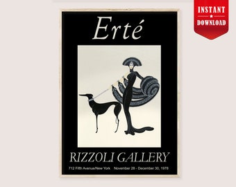 Póster Art Déco Digital de Erte - Impresión en blanco y negro de la perra galga de Erte Descarga de impresión de moda Póster Art Déco de la perra y la dama Descarga instantánea