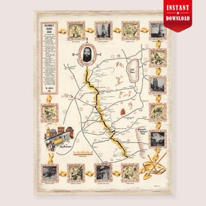 May include: Framed vintage map of California's Golden Chain, featuring illustrations and text. The map includes a portrait, landmarks, and a route highlighted in yellow. The words "Instant Download" are on a red banner.