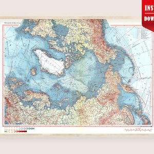 Arctic Map North Pole Art Print 1967 Digital - North Pole Wall Art Home, Arctic Circle Map Vintage Poster Living Room Printable Arctic Retro