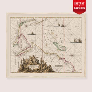 May include: A framed vintage map print, showcasing a detailed cartographic illustration of a region. The map features intricate lines, text, and illustrations of ships and figures, in beige, brown, green, and red. A red banner reads "INSTANT DOWNLOAD".