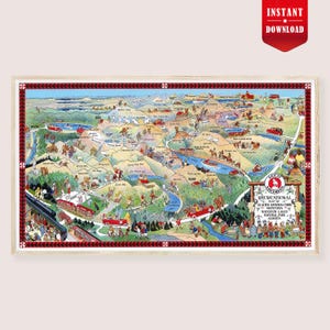 May include: A framed, vintage-style map of Glacier National Park, Montana, featuring colorful illustrations of landmarks, wildlife, and recreational activities. The map includes the text "Great Northern Recreational Map".