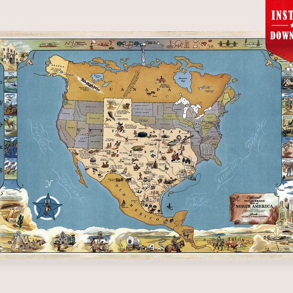 Official Texas Brags Map of North America Large Map - Vintage Map of Texas 1948 Pictorial Map Texas Poster Download, Color Map Texas Brags