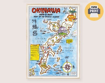 Okinawa Map Poster Download - Pictorial Map Okinawa Wall Art, Vintage Okinawa Island Print Retro Okinawa Map Japan Islands Mem-O Map