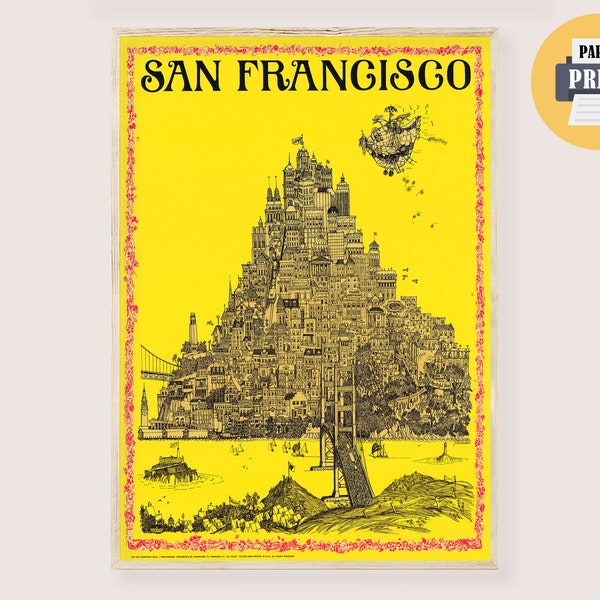 San Francisco Map Gay Freedom Art Print - Pictorial Map San Francisco Psychedelic Poster Vintage San Francisco Retro Hippie Wall Art