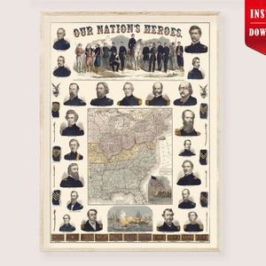 May include: A framed vintage print titled "OUR NATION'S HEROES" featuring portraits of historical figures, a map of the United States, and military insignia. The print has a cream-coloured background and is adorned with illustrations in shades of blue, brown, and gold.