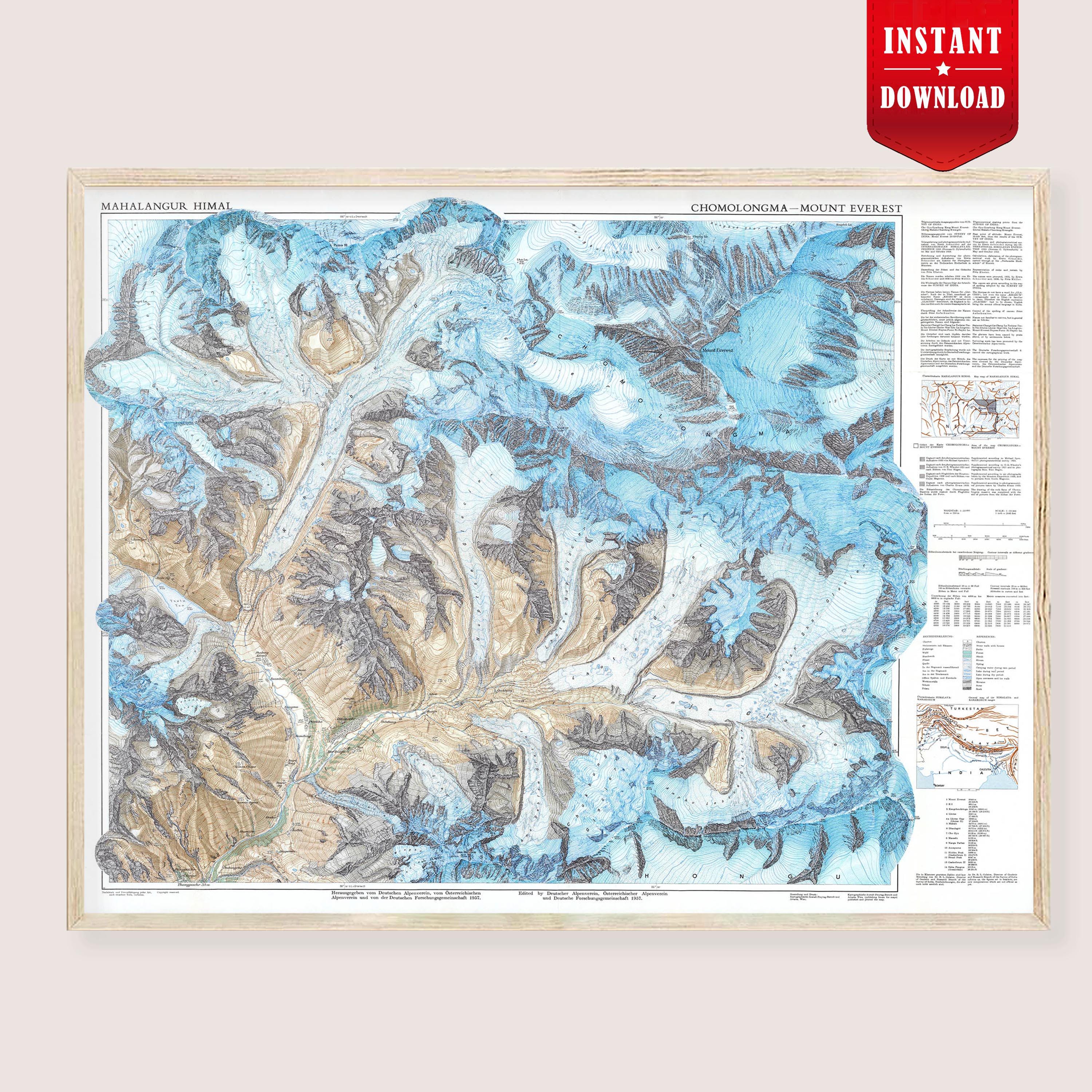 Mount Everest Map Print, Himalayan Mountain Poster, Chomolungma