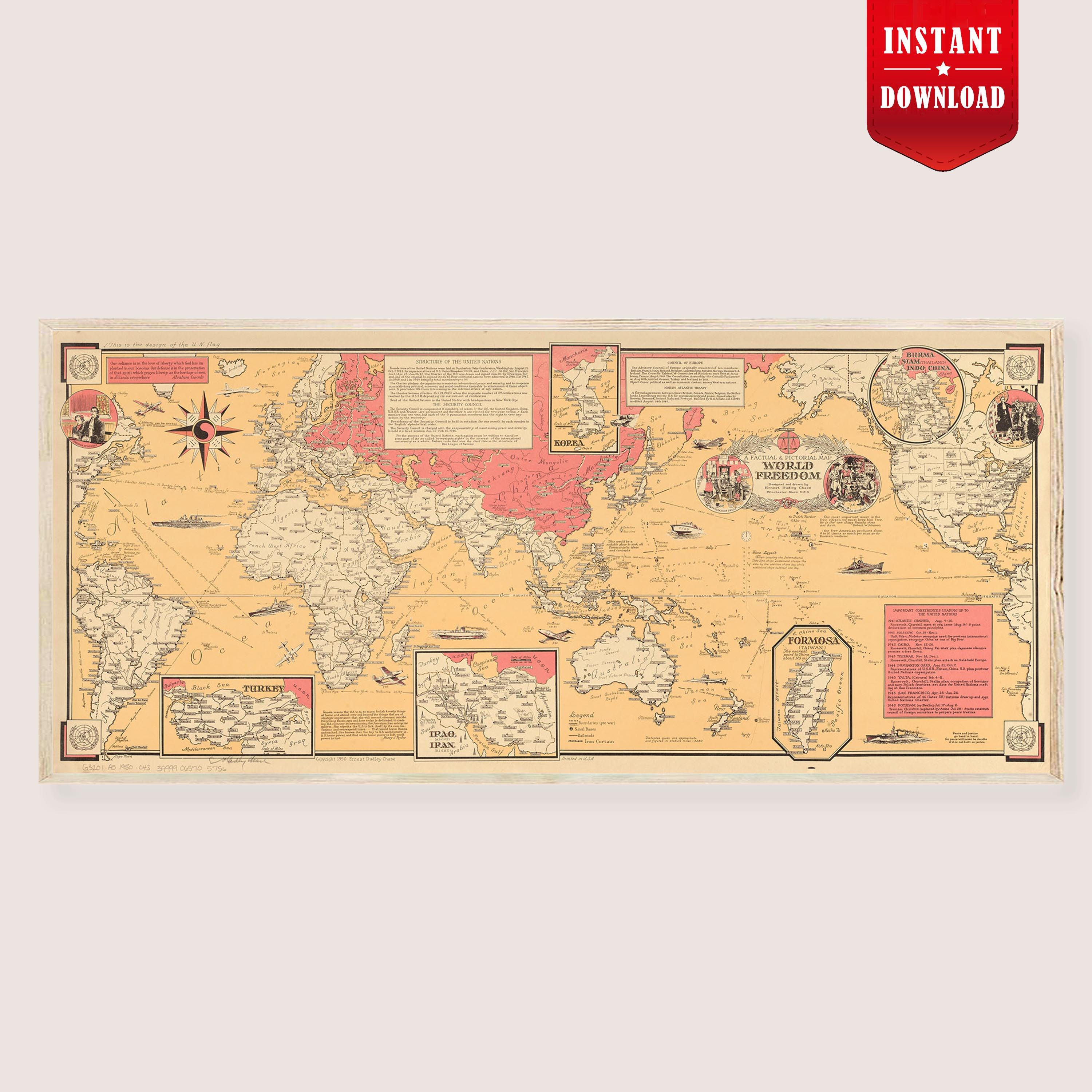 ヴィンテージ 1950 年の世界自由地図壁画 - 古い絵画の世界地図