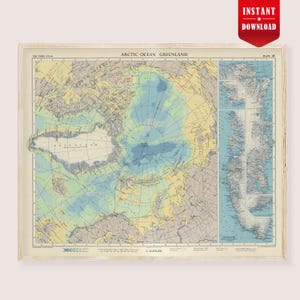 Puede incluir: Un mapa vintage enmarcado del Océano Ártico y Groenlandia, con un borde color crema. El mapa presenta tonos de azul, amarillo y gris, con características geográficas detalladas y texto. La esquina superior derecha tiene una insignia roja de "Descarga instantánea".