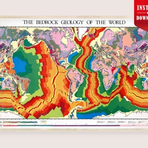 Puede incluir: Un mapa geológico enmarcado titulado "The Bedrock Geology of the World". El mapa presenta una colorida representación de las placas tectónicas de la Tierra, con tonos de verde, azul, naranja y morado. Una pancarta roja en la esquina superior derecha dice "Descarga instantánea."