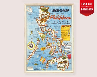 Philippines Map Art Poster Digital - Pictorial Map Philippines Map print download Pacific Map Philippine Islands Old Mem-O Map Instant File