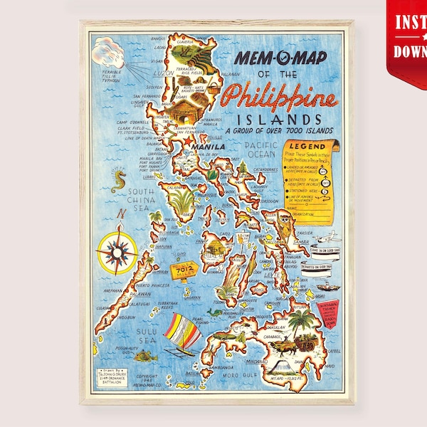 Philippines Map Art Poster Digital - Pictorial Map Philippines Map print download Pacific Map Philippine Islands Old Mem-O Map Instant File