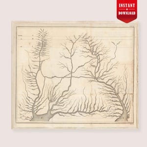 Puede incluir: Impresión de mapa de estilo antiguo con una red de líneas interconectadas que se asemejan a ramas de árboles. La impresión es en tonos sepia, enmarcada en madera clara. Una pancarta roja con "INSTANT DOWNLOAD" en la esquina superior derecha.