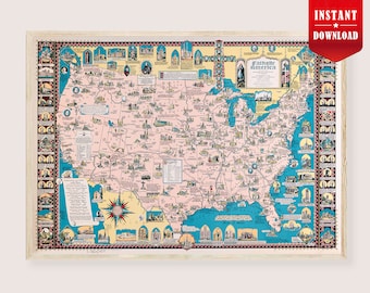 Katholische Kirchenkarte in den USA - katholische Geschichte katholische USA Wandkunst, Katholiken in Amerika Druck, Vintage US Landkarte Katholizismus Nordamerika Karte
