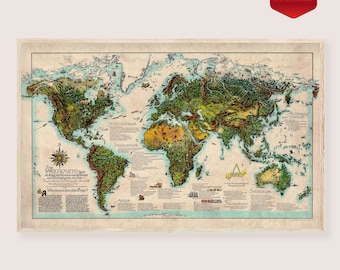 アンティーク国連世界地図：絵画的歴史印刷物（デジタルダウンロード