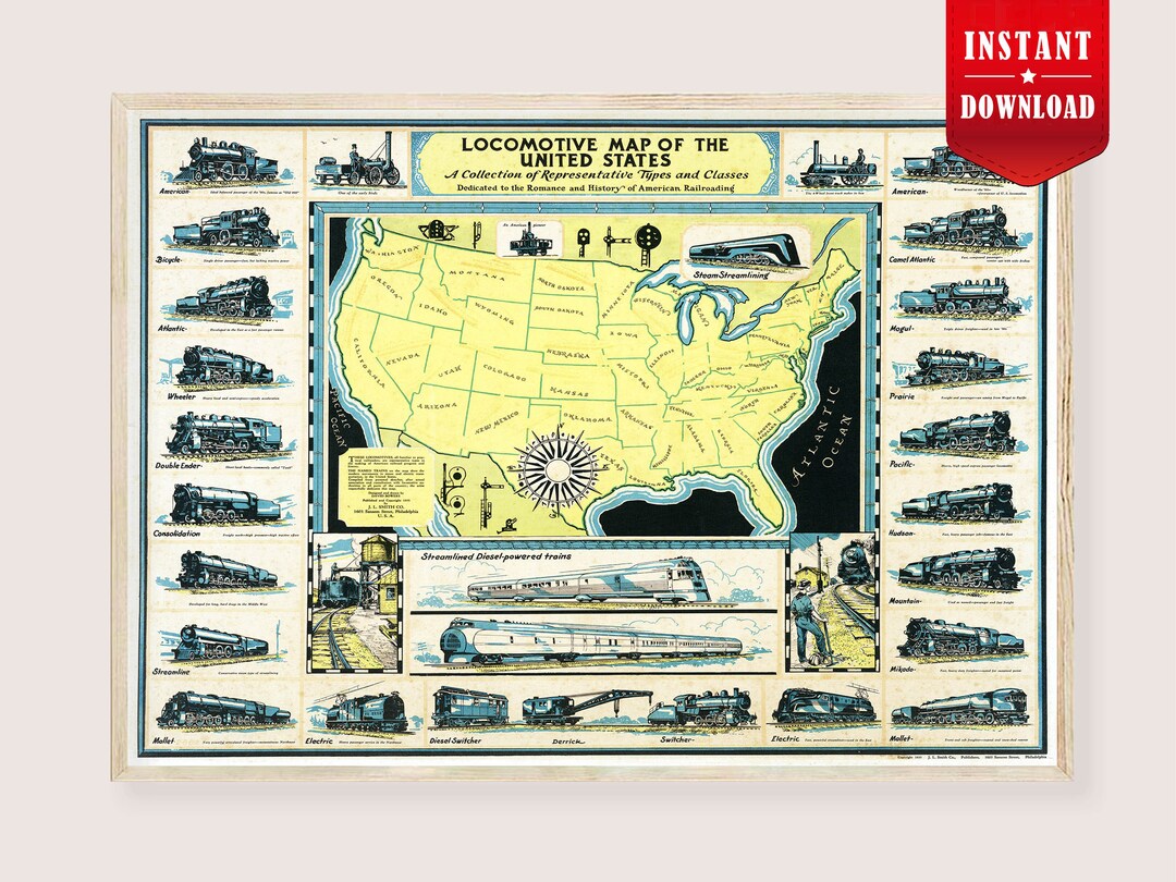 Vintage Train Map of the United States Digital - US Locomotive Map ...