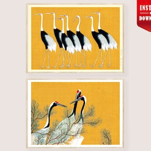 Vintage Japanese Art Prints Crane Birds - Golden Yellow Wall Art, Japanese Crane Posters Crane Illustration, Ogata Korin Print Digital File