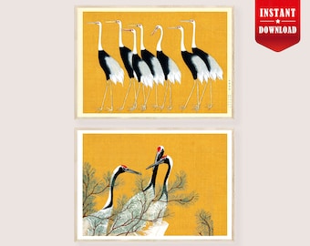 Vintage Japanese Art Prints Crane Birds - Golden Yellow Wall Art, Japanese Crane Posters Crane Illustration, Ogata Korin Print Digital File