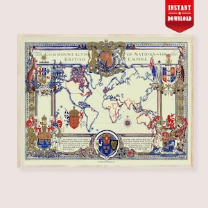 Puede incluir: Un mapa vintage enmarcado de la Commonwealth británica y el Imperio. El mapa presenta un mapa del mundo con ilustraciones detalladas, escudos de armas y texto. La paleta de colores incluye crema, azul y dorado. El texto "Descarga instantánea" está en una pancarta roja.