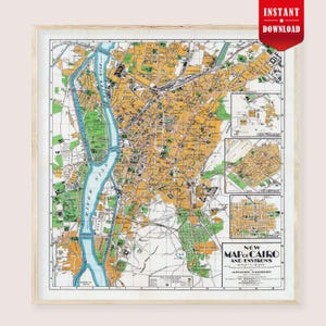May include: A framed vintage map of Cairo and its environs, featuring a detailed street layout in shades of yellow, green, and blue. The Nile River is prominently displayed. The map includes the text "New Map of Cairo and Environs."