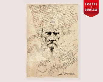 Leo Tolstoy Poster War and Peace - Tolstoy Print, Leo Tolstoy War and Peace Leo Tolstoy Writing Portrait Wall Art Literature Digital Reading