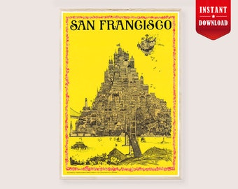 Old San Francisco Map Télécharger - Carte illustrée Affiche de carte de San Francisco Vintage numérique San Francisco Art Print Retro Map Mur de San Francisco