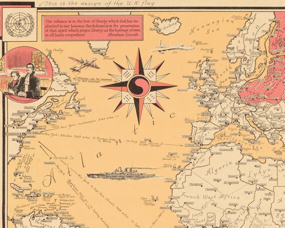 ヴィンテージ 1950 年の世界自由地図壁画 - 古い絵画の世界地図