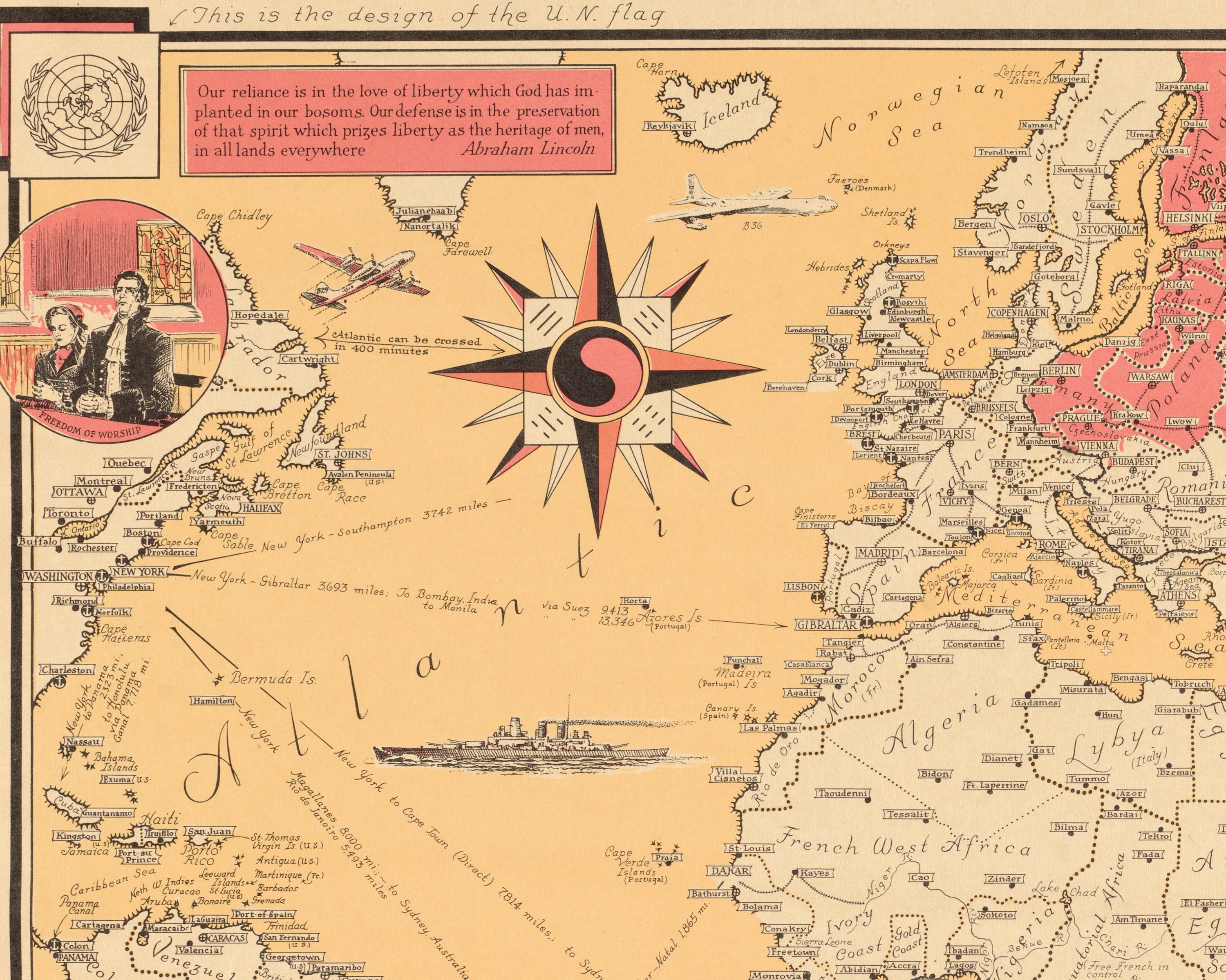ヴィンテージ 1950 年の世界自由地図壁画 - 古い絵画の世界地図