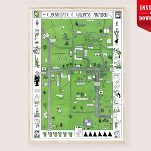 Peut inclure: Une impression de carte vintage encadrée avec un fond vert et des illustrations en noir et blanc. La carte présente une mise en page détaillée avec des bâtiments, des routes et des dessins fantaisistes. Le texte en haut indique "LIBERALIZE E. WILLIAMS ARCHIBER".