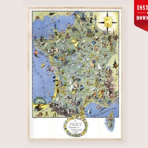 Puede incluir: Un mapa vintage enmarcado de Francia, con ilustraciones detalladas de regiones y actividades. El mapa está lleno de dibujos coloridos de personas, monumentos y productos locales, con texto en francés. El mapa está en un marco de madera.