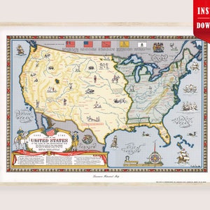 May include: A framed vintage map of the United States, featuring a detailed illustration of the country with state outlines, geographical features, and historical symbols. The map is in a light beige color with blue and green accents, and includes the text "Instant Download".