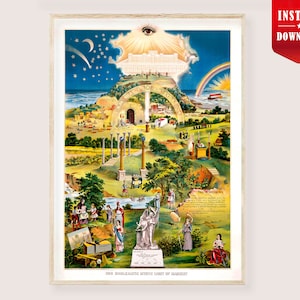 Puede incluir: Una impresión vintage enmarcada con una ilustración detallada y colorida. La obra de arte representa un paisaje con elementos celestiales, estructuras arquitectónicas y figuras. El texto en la parte inferior dice "OUR EMBLEMATIC MYSTIC LIGHT OF MASONRY". Una pancarta roja en la esquina superior derecha dice "INSTANT DOWNLOAD".