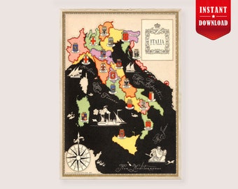 Italy Print Region Map Download - Old Italy Map Art Vintage Travel Map of Italy Retro Italy Regions Map Print Large Mappa Italia Wall Art