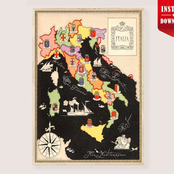 Italy Print Region Map Download - Old Italy Map Art Vintage Travel Map of Italy Retro Italy Regions Map Print Large Mappa Italia Wall Art