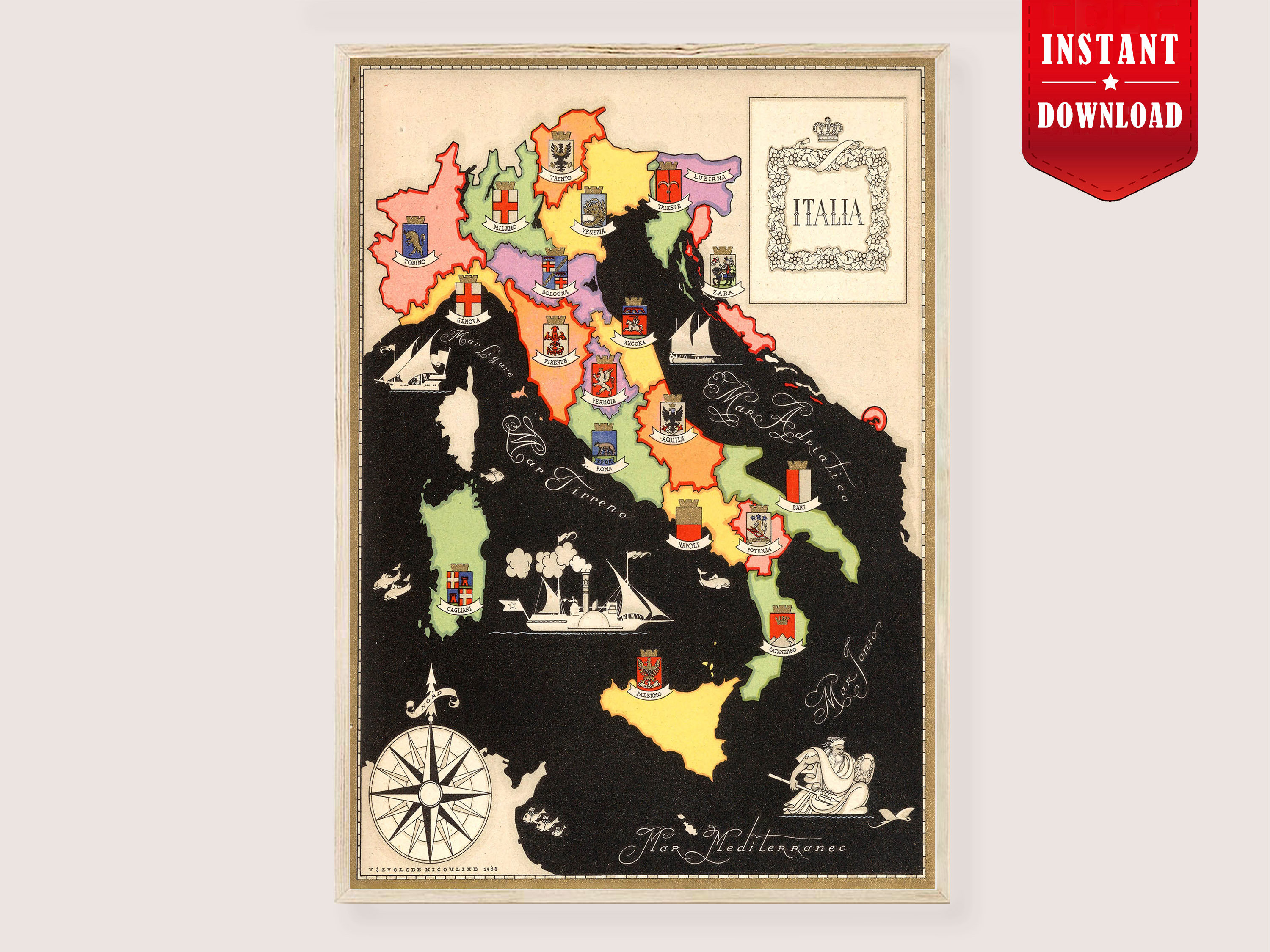 Italy Print Region Map Download - Old Italy Map Art Vintage Travel