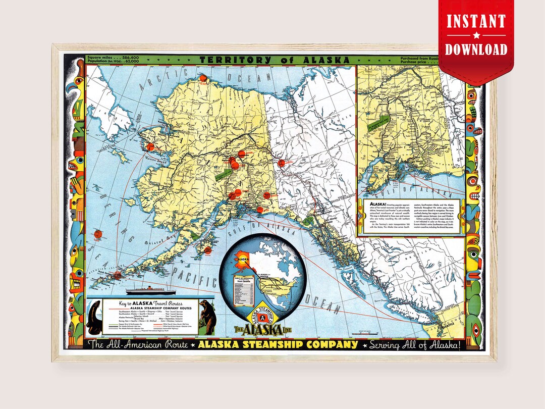 Alaska 1936 Map Print Digital Political Alaska Map Poster Download