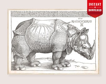 Albrecht Durer Rhinoceros Print Digital Vintage Reproduction Durer Painting Download Large Rhinoceros Wall Art Poster Durer Nasorn Engraving