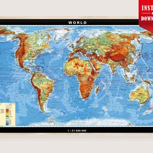 以下が含まれることがあります： 黒い縁と木製フレームが付いた詳細な世界地図。 地図は、緑、茶色、オレンジの色合いの大陸と青い海を表示します。 上部には「WORLD」の文字があります。 スケールは1：21,500,000です。