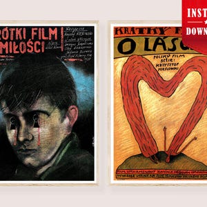 May include: Two framed Polish movie posters. The left poster shows a young person with keyhole eyes and red tears, with Polish text. The right poster has a red heart-shaped figure with Polish text. A red banner reads "INSTANT DOWNLOAD."