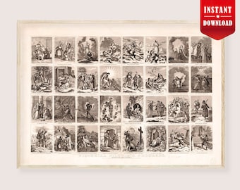 Impresión de arte del mapa de progreso del peregrino - Plan pictórico Ciudad de destrucción Ciudad celestial Ilustración antigua Arte bíblico Impresión de la historia del peregrino