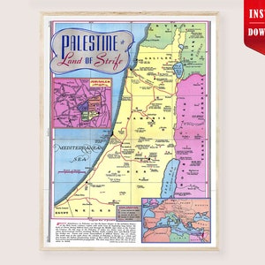May include: A framed vintage map of Palestine, featuring detailed geographical information. The map includes the text "Palestine Land of Strife" in a decorative font, with a smaller inset map of Jerusalem. The color palette includes shades of yellow, pink, blue, and green.
